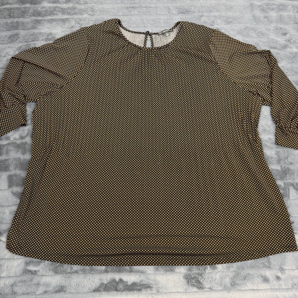 Adrianna Papell Womens 3X Polka Dot Blouse Black Tan 3/4 Sleeve Stretch Top